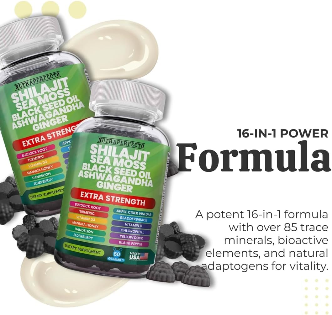 Advanced Strength NutraPerfecto Shilajit Gummies with Irish Sea Moss, Black Seed Oil, Ashwagandha, Ginger, Elderberry, Vitamin D3, Chlorophyll, Turmeric, and Bladderwrack - Resin Shilajit for Men & Women