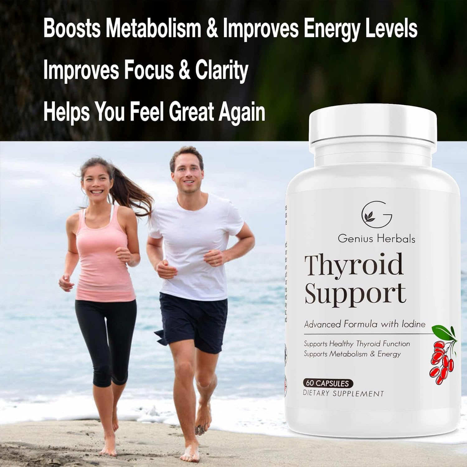 Advanced Thyroid Support Supplement with Iodine for Metabolism & Energy - Non-GMO Formula for Healthy Thyroid - 60 Capsules