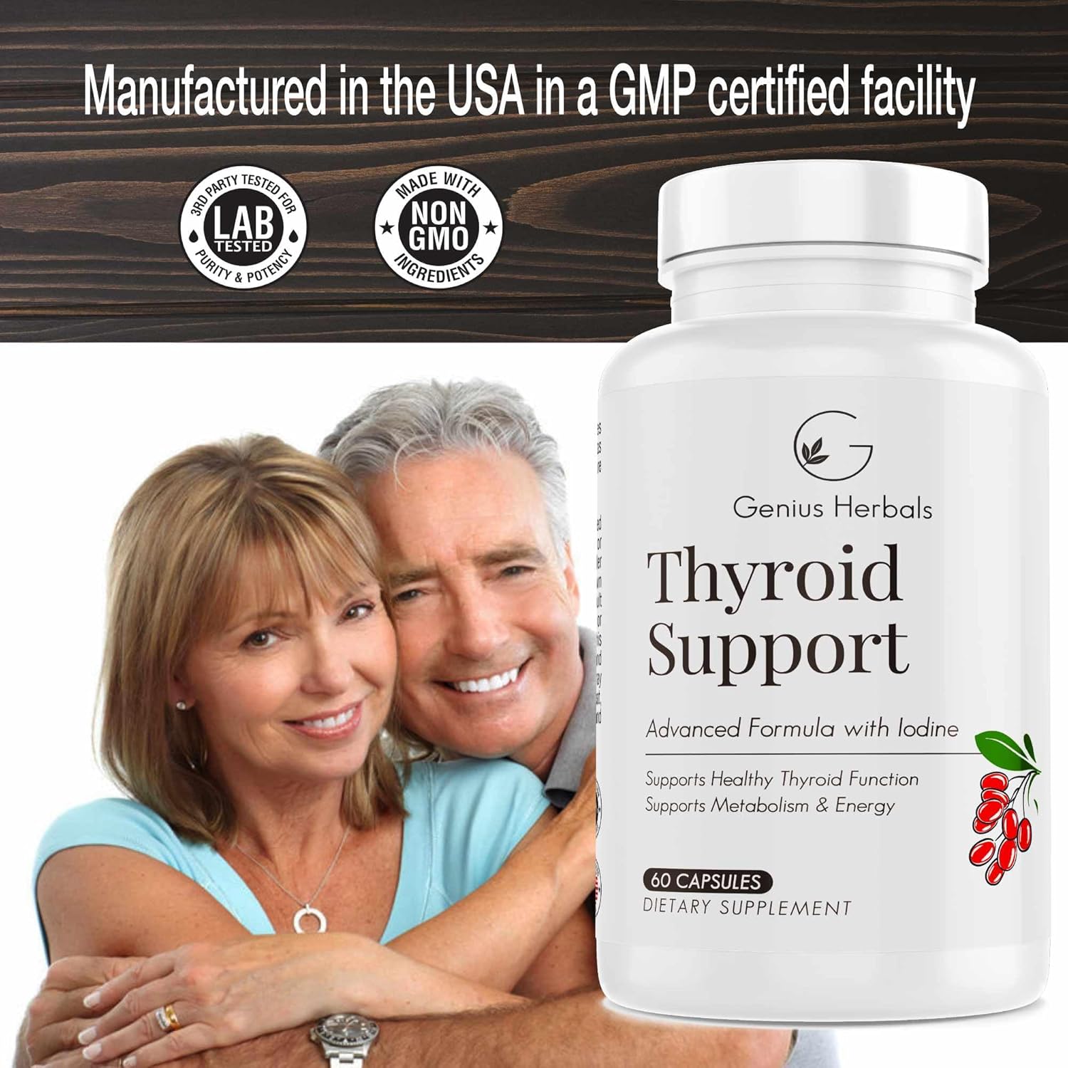 Advanced Thyroid Support Supplement with Iodine for Metabolism & Energy - Non-GMO Formula for Healthy Thyroid - 60 Capsules