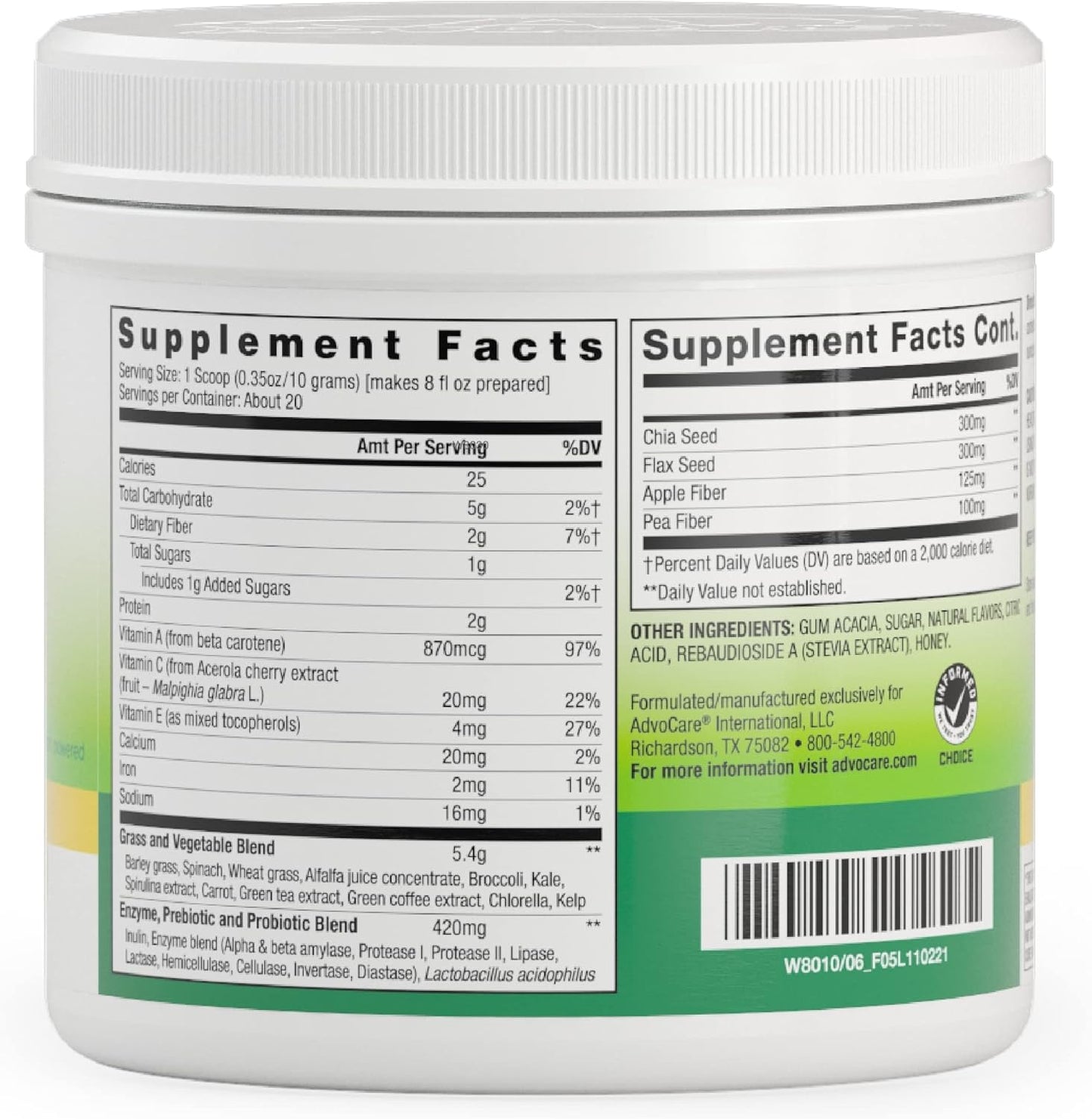 AdvoCare Greens Powder: Digestive Health Support with Antioxidants, Prebiotics, Probiotics - Broccoli & Carrot Powder - Lemon Flavor, 7 oz