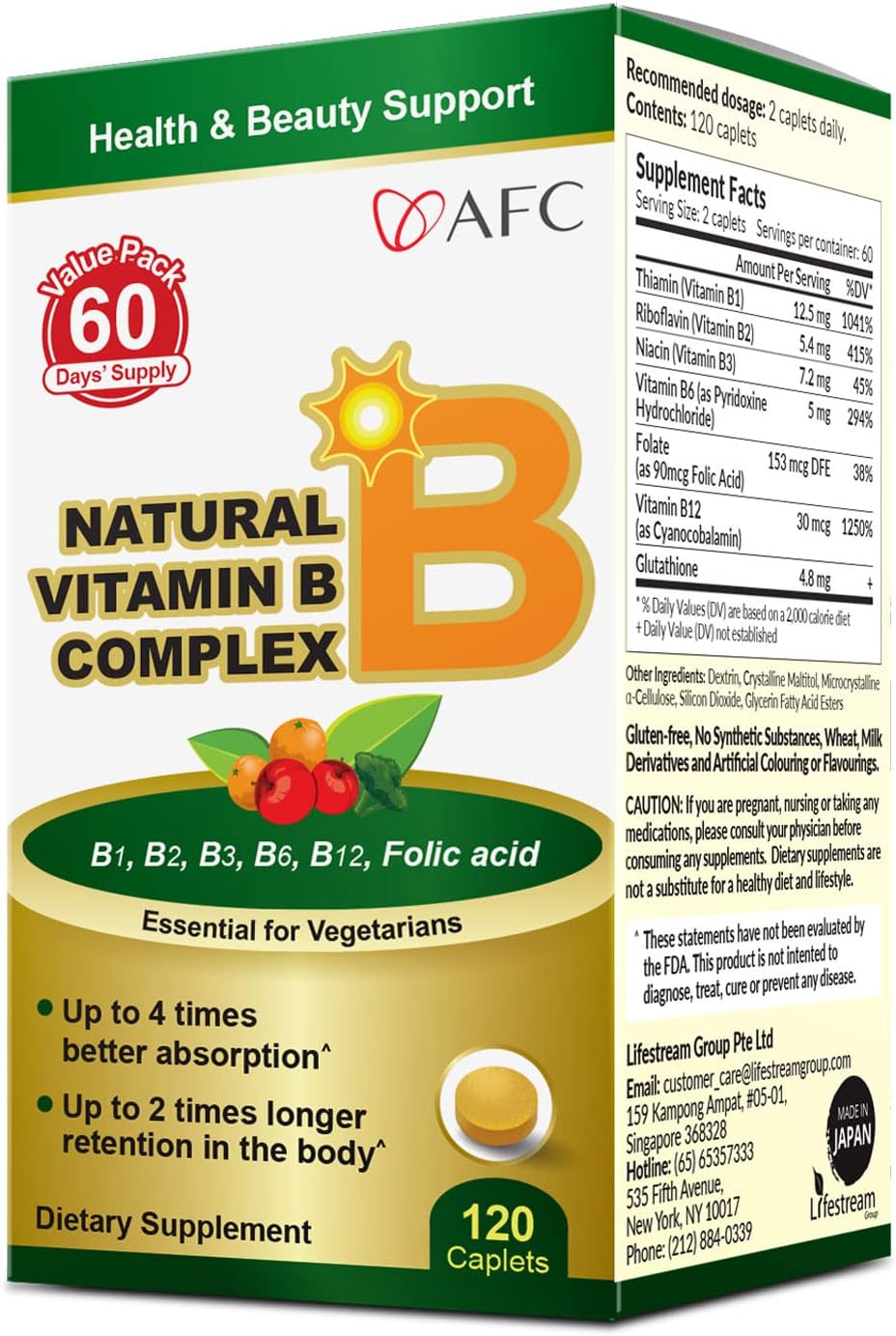 AFC Japan Natural Vitamin B Complex Supplement with Glutathione Yeast Extract - 120 Vegan Caplets for Stress, Energy, Immune & Nervous System