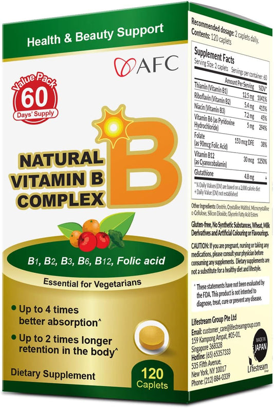 AFC Japan Natural Vitamin B Complex Supplement with Glutathione Yeast Extract - 120 Vegan Caplets for Stress, Energy, Immune & Nervous System