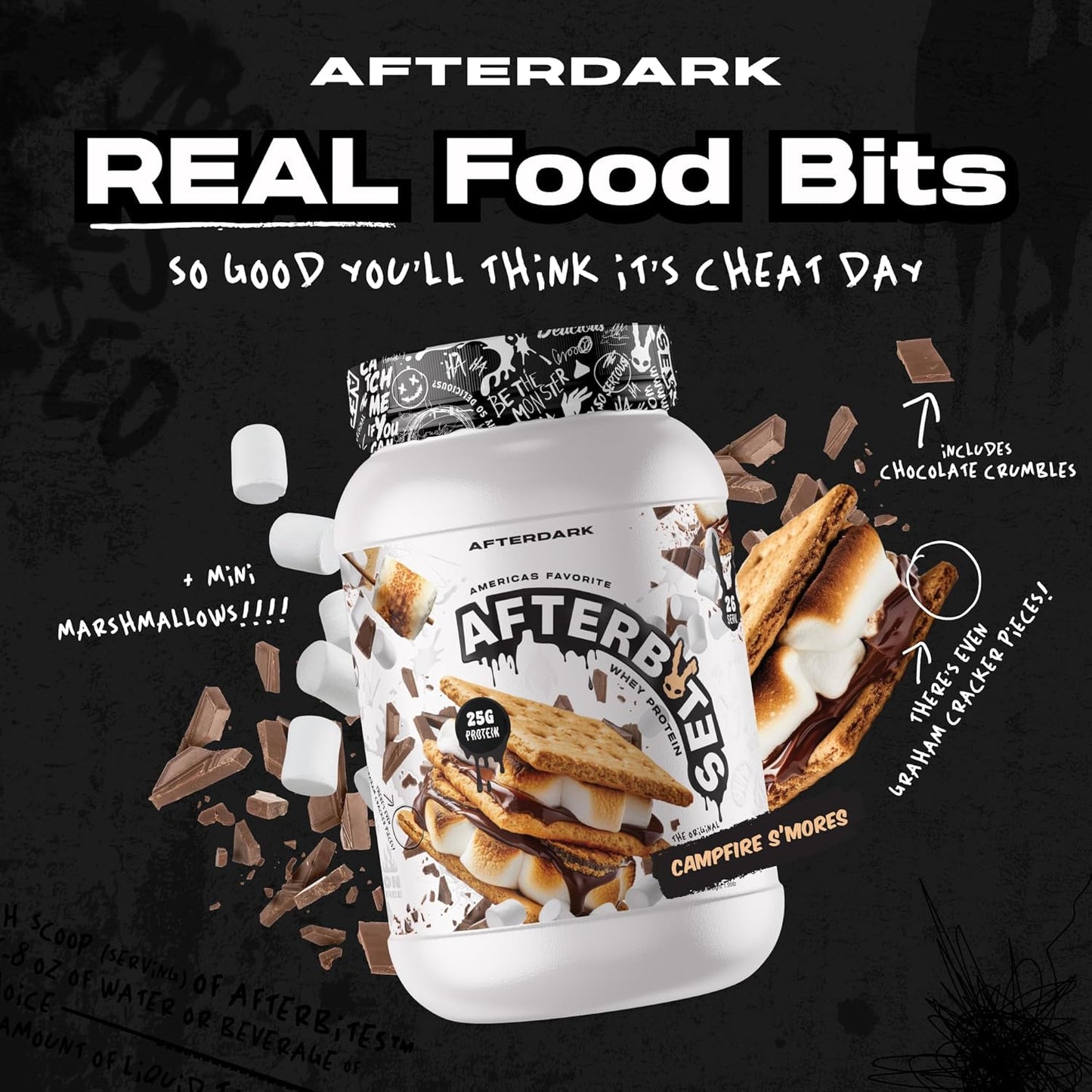 AfterBites Whey Protein Powder - 25g Protein, 4.5g BCAA's, Isolate Protein, Easy Dissolving, USA Made - Campfire Smores Flavor - 26 Servings