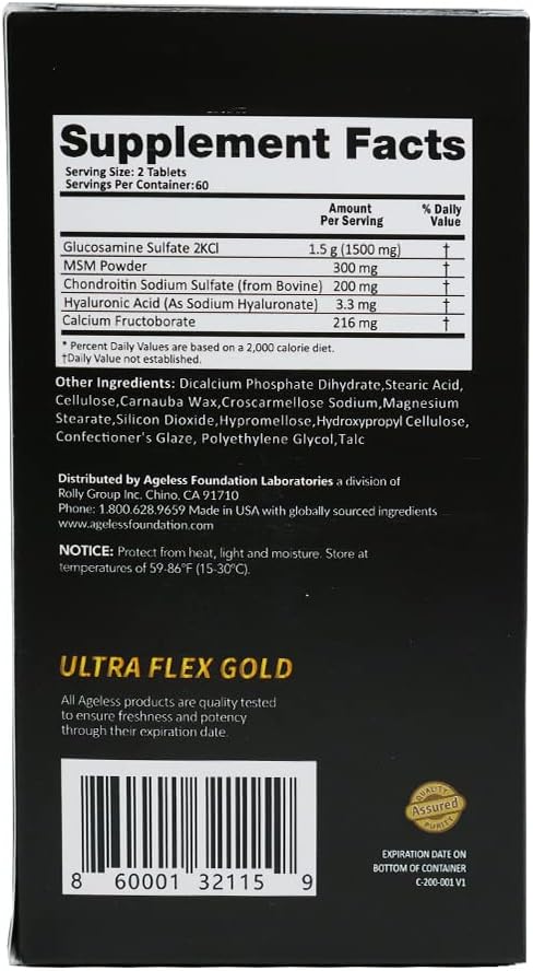 Ageless Foundation Laboratories UltraFlex Gold Joint Health Supplement - Glucosamine, Chondroitin, MSM - 120 Capsules for Joint Mobility