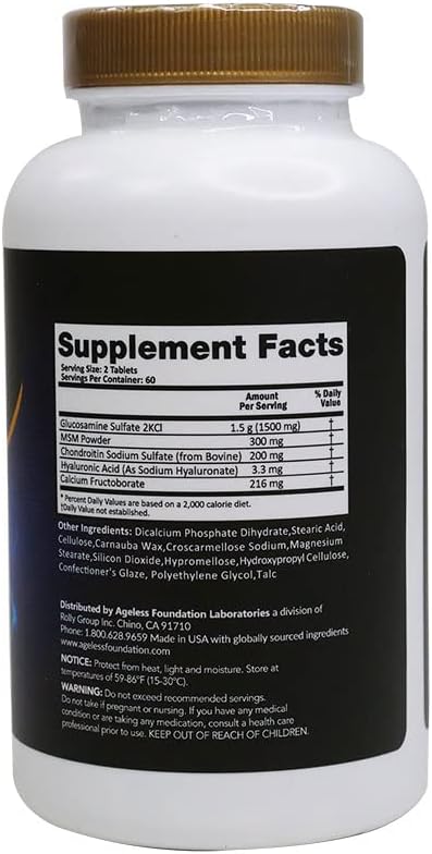 Ageless Foundation Laboratories UltraFlex Gold Joint Health Supplement - Glucosamine, Chondroitin, MSM - 120 Capsules for Joint Mobility