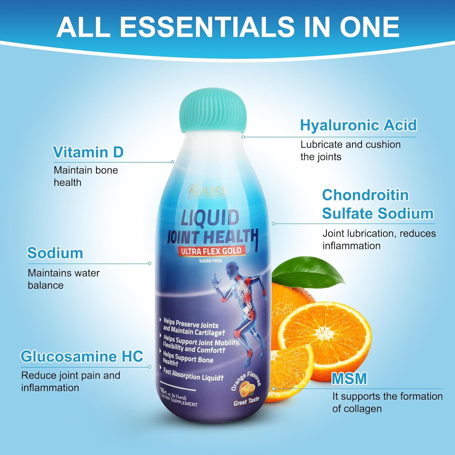 Ageless Foundation Laboratories UltraFlex Gold Liquid Joint Health Formula - Promotes Joint Mobility and Flexibility with Glucosamine, Chondroitin, MSM - 16 Fl Oz