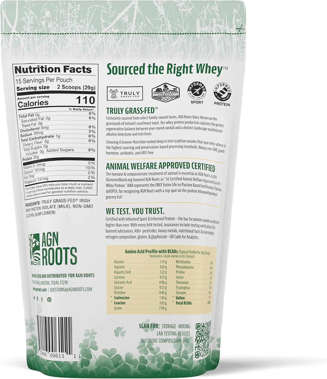 AGN Roots Grass Fed Whey Protein Isolate - Unflavored & Unsweetened - Pasture-Raised & ASPCA Certified - Informed Sport Approved - 1lb Dairy Protein Powder
