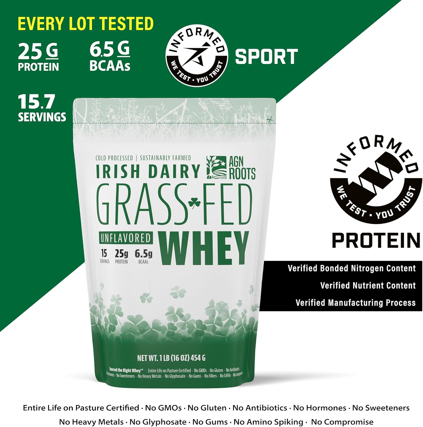 AGN Roots Grass Fed Whey Protein Isolate - Unflavored & Unsweetened - Pasture-Raised & ASPCA Certified - Informed Sport Approved - 1lb Dairy Protein Powder