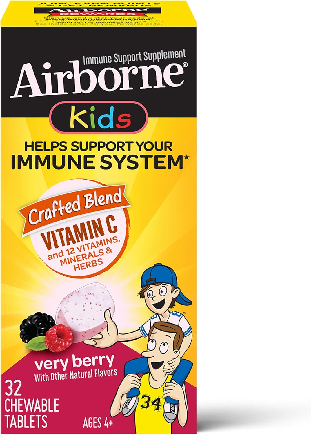 Airborne KIDS 500mg Vitamin C & Zinc Chewable Tablets - Immune Support with Antioxidant Vitamins A, C, & E - 32 Tablets, Very Berry Flavor