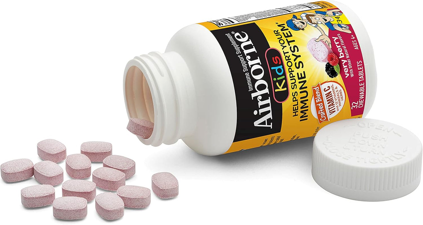 Airborne KIDS 500mg Vitamin C & Zinc Chewable Tablets - Immune Support with Antioxidant Vitamins A, C, & E - 32 Tablets, Very Berry Flavor