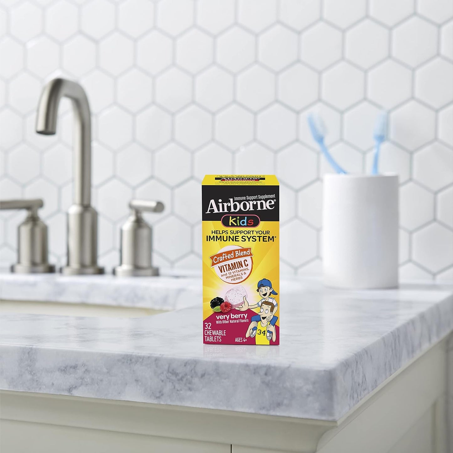 Airborne KIDS 500mg Vitamin C & Zinc Chewable Tablets - Immune Support with Antioxidant Vitamins A, C, & E - 32 Tablets, Very Berry Flavor