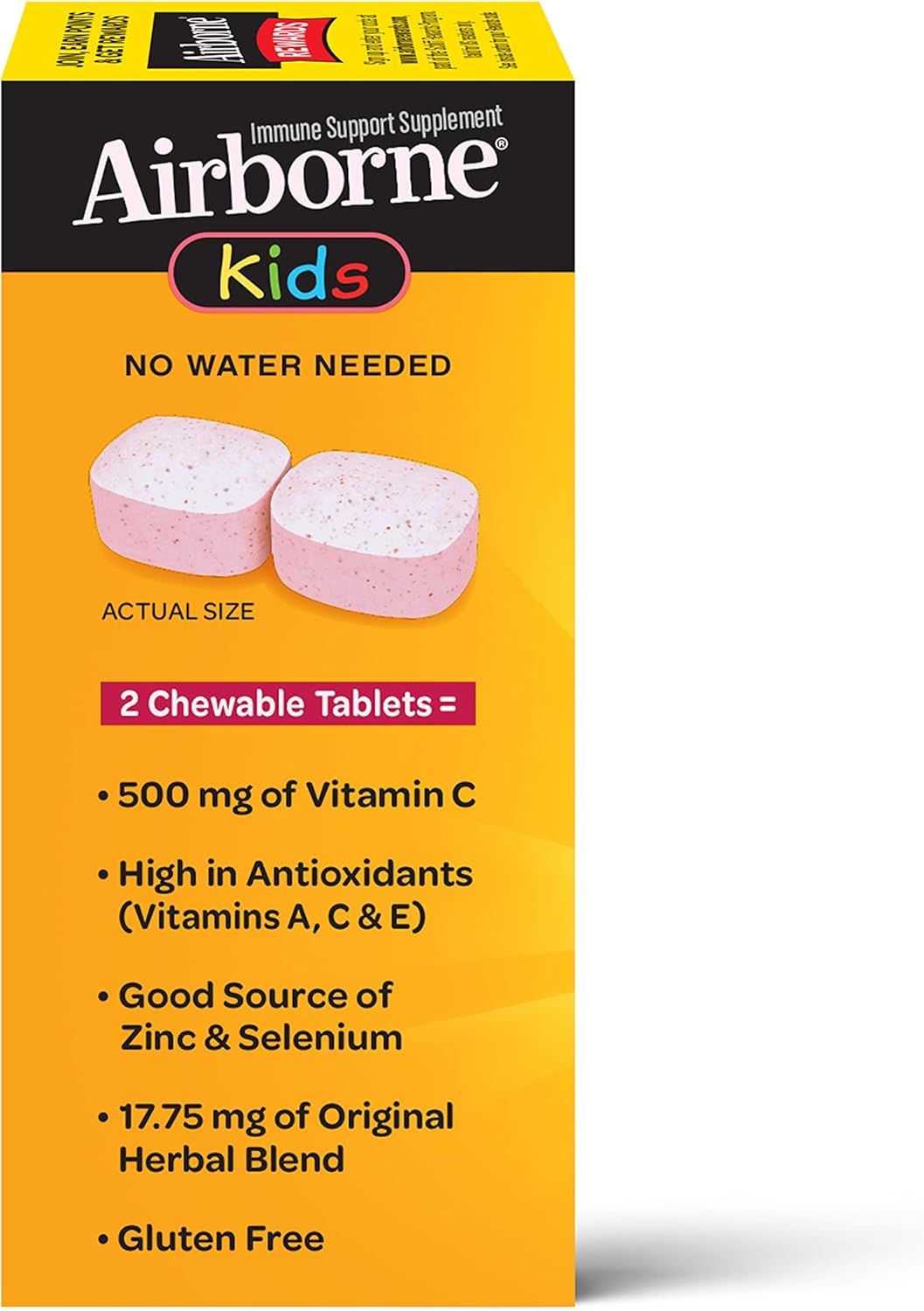 Airborne KIDS 500mg Vitamin C & Zinc Chewable Tablets - Immune Support with Antioxidant Vitamins A, C, & E - 32 Tablets, Very Berry Flavor