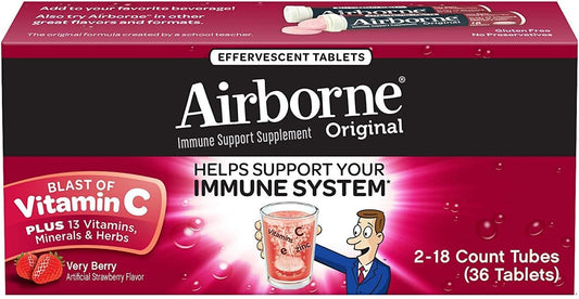 Airborne Very Berry Effervescent Tablets, 1000mg Vitamin C, 2-Pack, 36 Count Each (72 Tablets Total) for Immune Support - BoostGo Australia