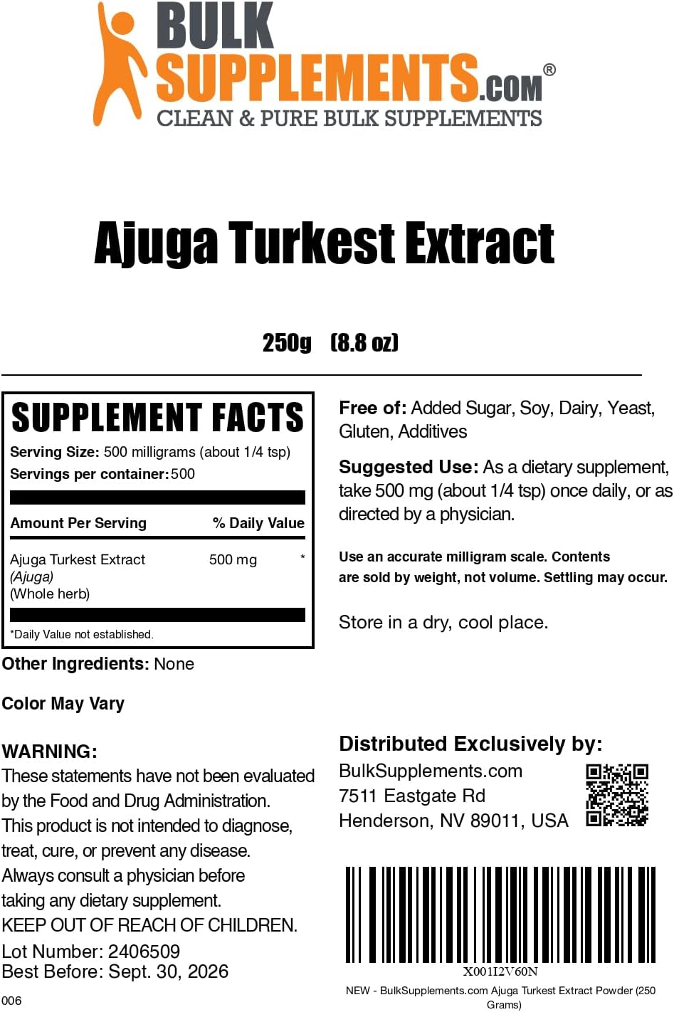 Ajuga Turkestanica Extract Powder - Herbal Dietary Supplement, Pure & Gluten-Free, 500mg per Serving, 250g (8.8oz) - Pack of 1