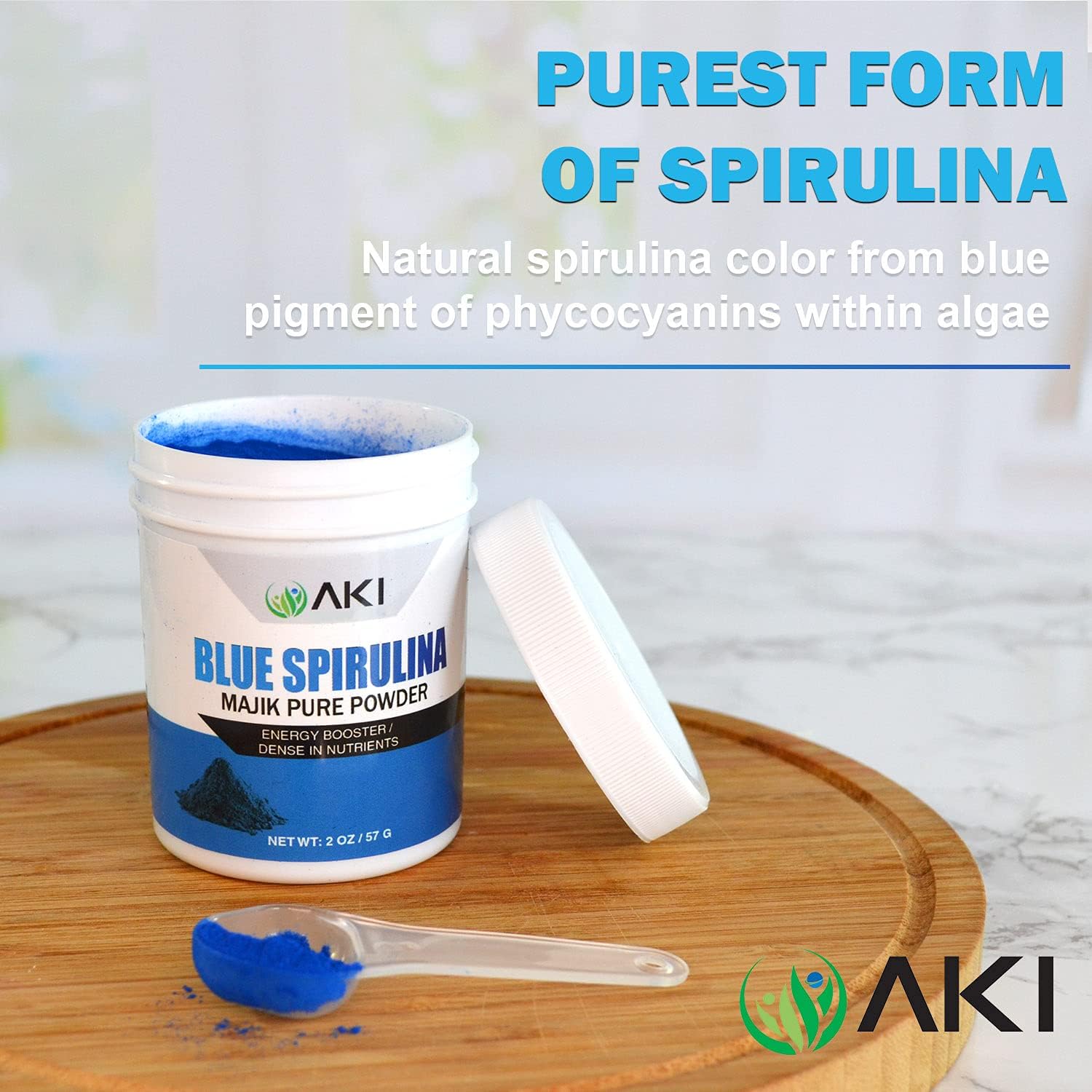 AKI Organic Blue Spirulina Powder: Rich in Antioxidants, Vegan Food Coloring for Smoothies, Ice Cream, Yogurt, Pastries - 1oz