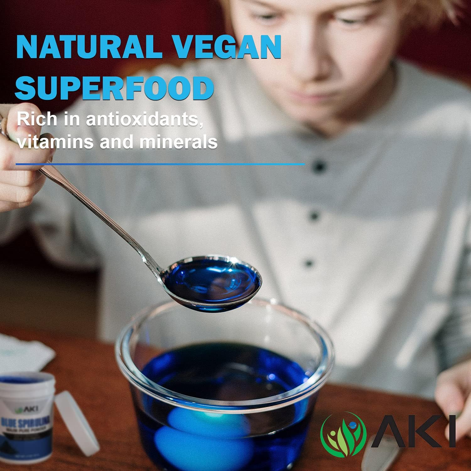 AKI Organic Blue Spirulina Powder: Rich in Antioxidants, Vegan Food Coloring for Smoothies, Ice Cream, Yogurt, Pastries - 1oz