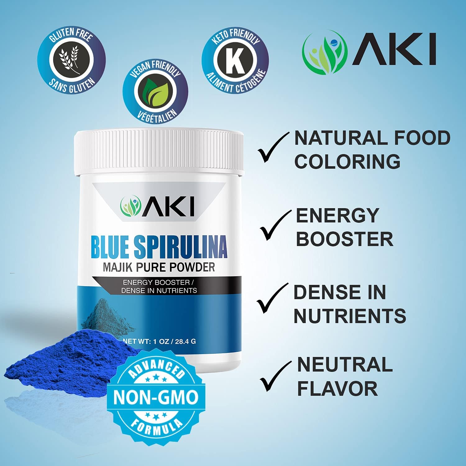 AKI Organic Blue Spirulina Powder: Rich in Antioxidants, Vegan Food Coloring for Smoothies, Ice Cream, Yogurt, Pastries - 1oz