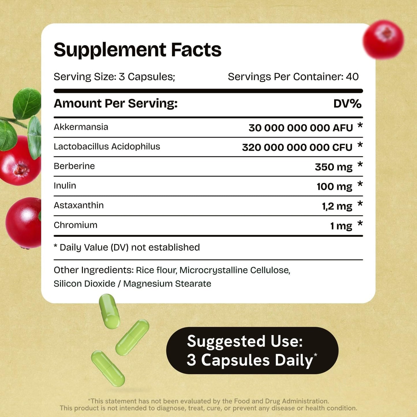 Akkermansia Muciniphila Probiotics with GLP-1 Support - 320 Billion CFU, Inulin Prebiotic, Astaxanthin, Berberine, Chromium - 240 Capsules