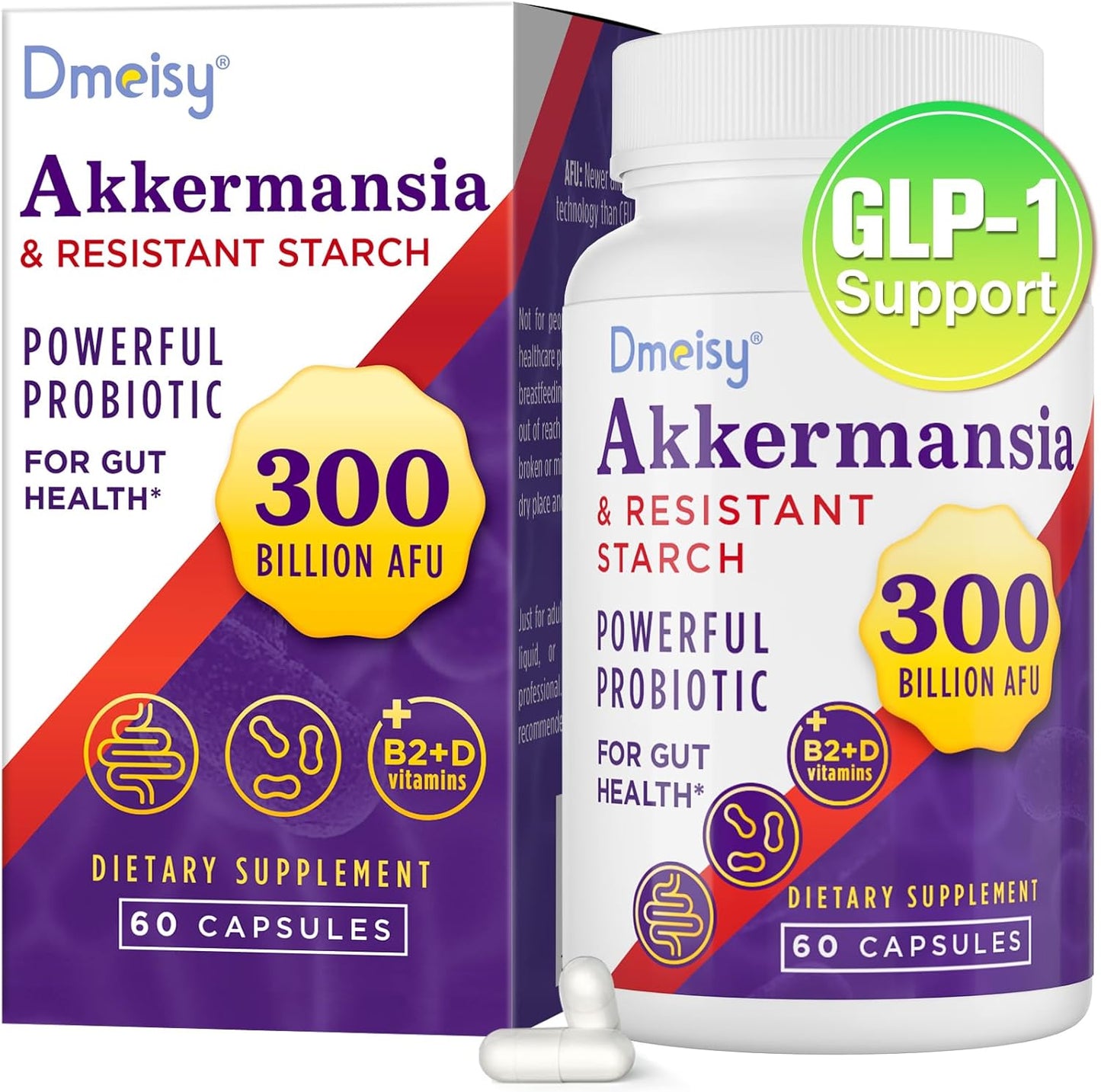 Akkermansia Probiotic Supplement for Gut Health - 300 Billion AFU Akkermansia Muciniphila, Boosts GLP-1, Digestive, Immunity, 60 Count