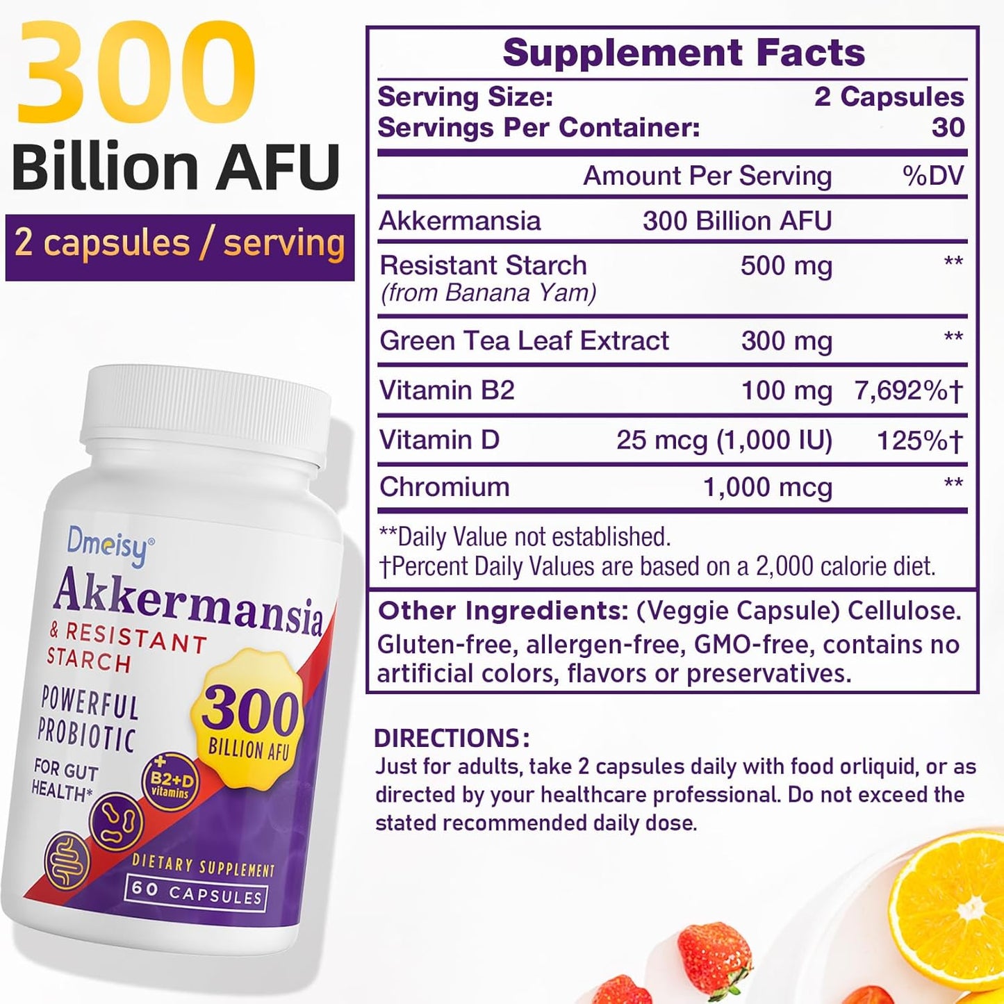Akkermansia Probiotic Supplement for Gut Health - 300 Billion AFU Akkermansia Muciniphila, Boosts GLP-1, Digestive, Immunity, 60 Count