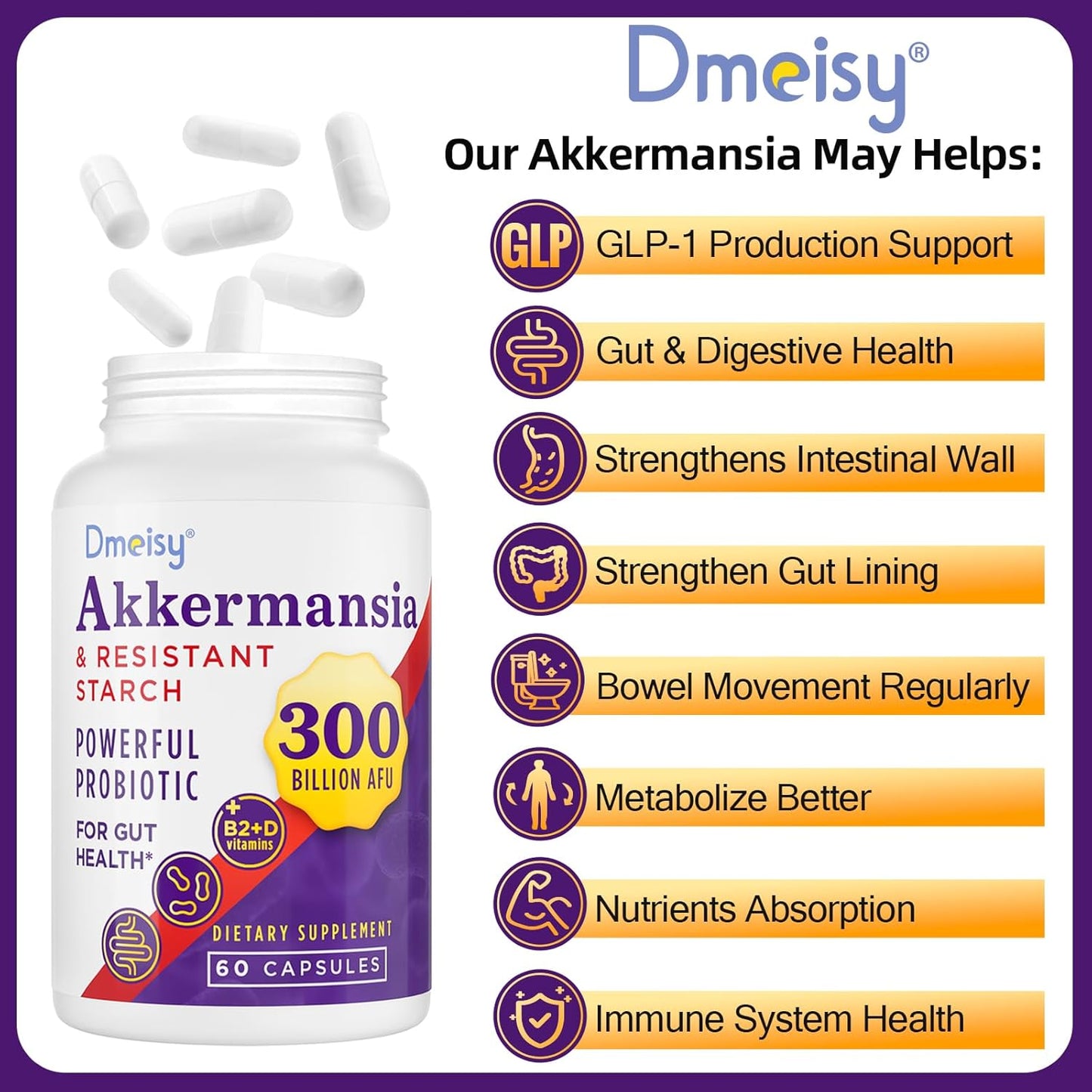 Akkermansia Probiotic Supplement for Gut Health - 300 Billion AFU Akkermansia Muciniphila, Boosts GLP-1, Digestive, Immunity, 60 Count