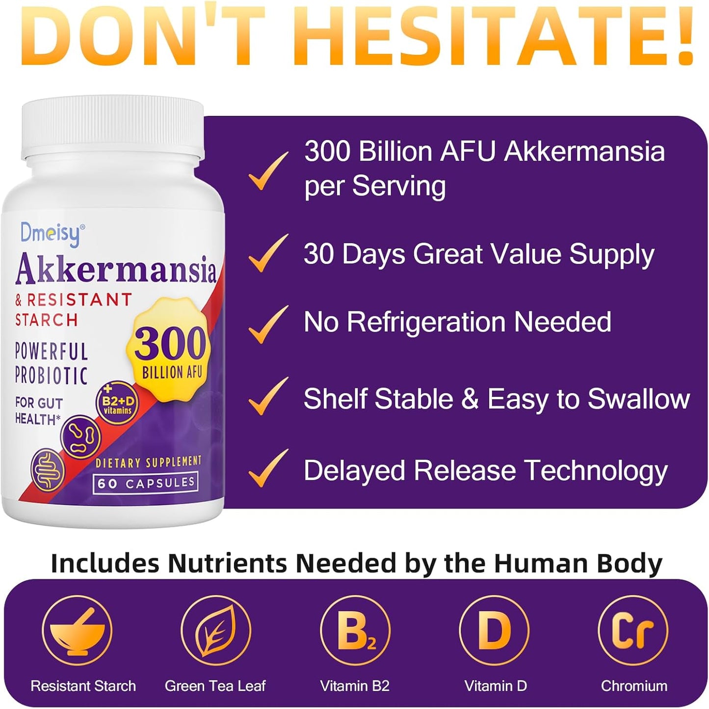 Akkermansia Probiotic Supplement for Gut Health - 300 Billion AFU Akkermansia Muciniphila, Boosts GLP-1, Digestive, Immunity, 60 Count
