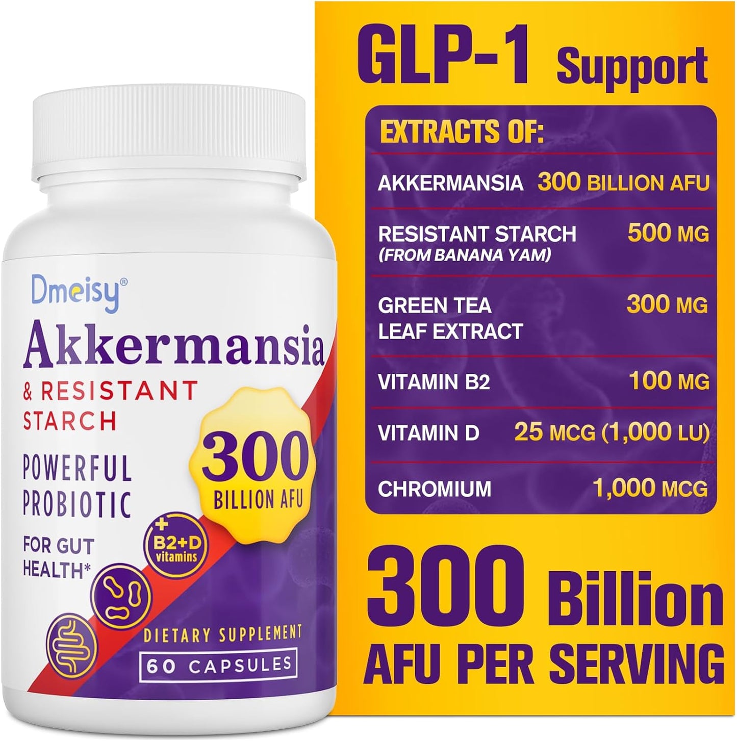 Akkermansia Probiotic Supplement for Gut Health - 300 Billion AFU Akkermansia Muciniphila, Boosts GLP-1, Digestive, Immunity, 60 Count