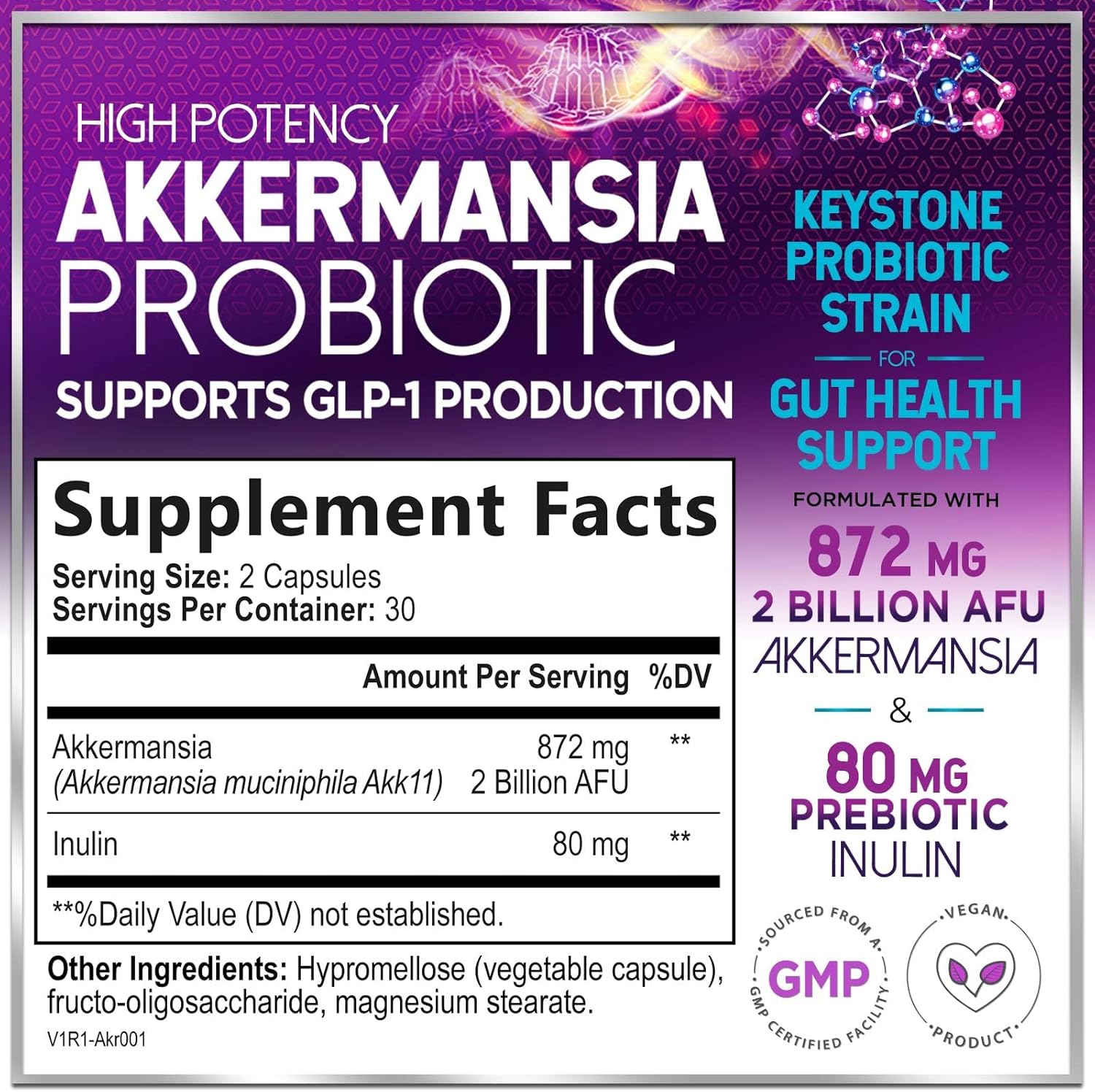 Akkermansia Probiotic Supplement with Inulin Fiber - 2 Billion AFU for Digestive and Immune Support - 60 Capsules