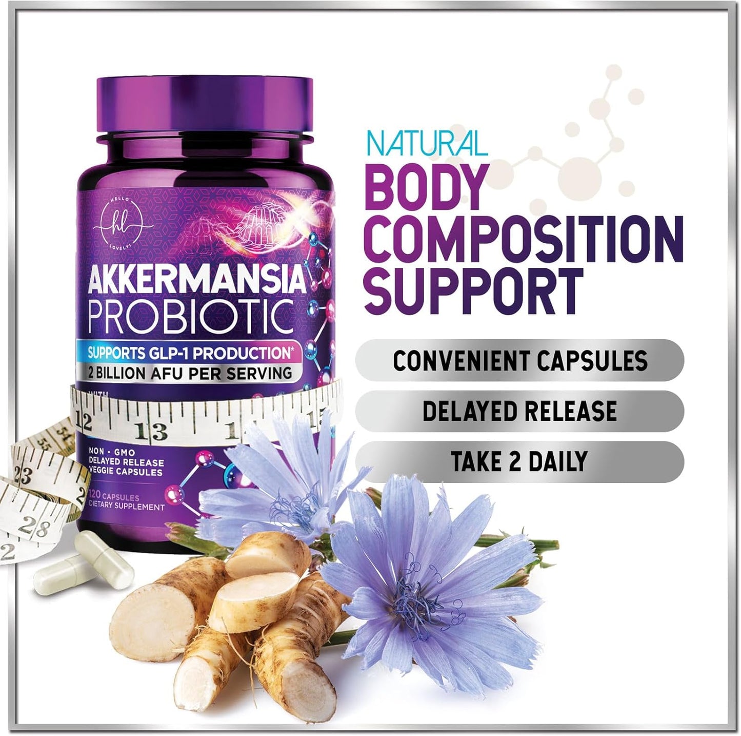 Akkermansia Probiotic Supplement with Inulin Fiber - 2 Billion AFU for Digestive and Immune Support - 60 Capsules