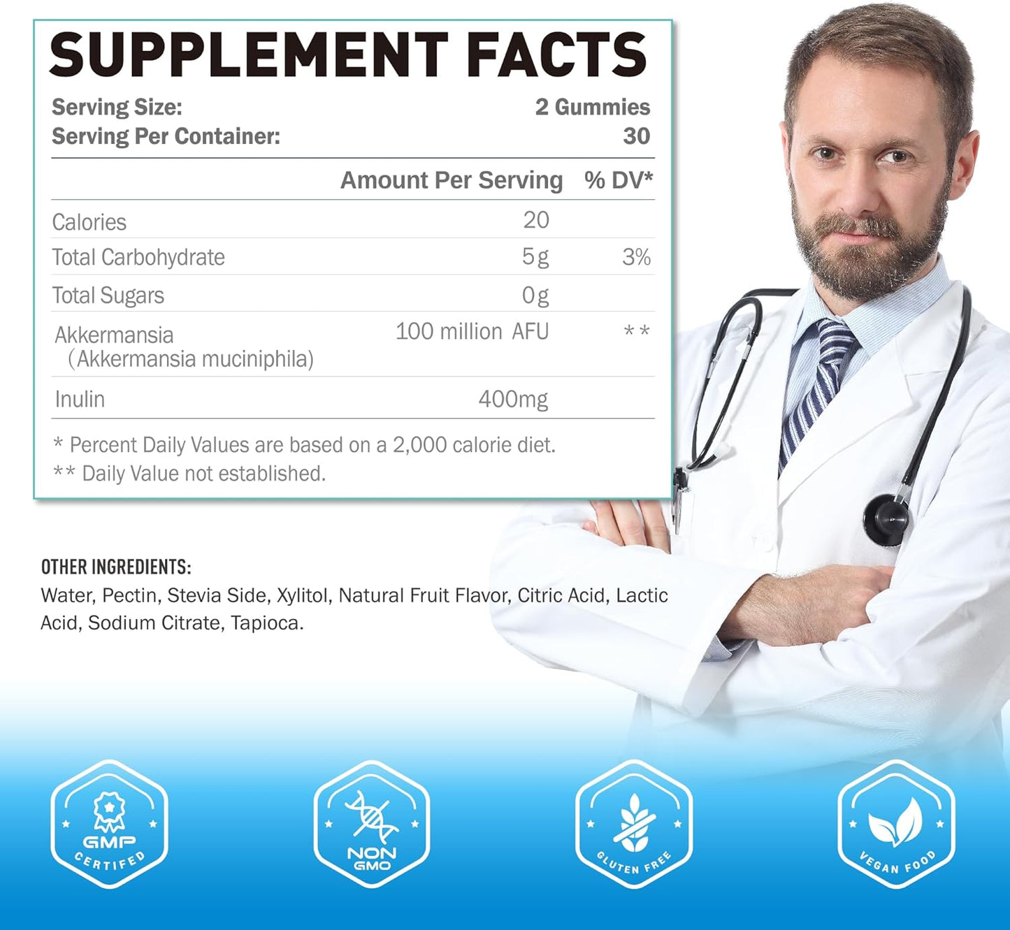 Akkermansia Probiotics Gummies with Inulin for Digestive Health - 60 Count
