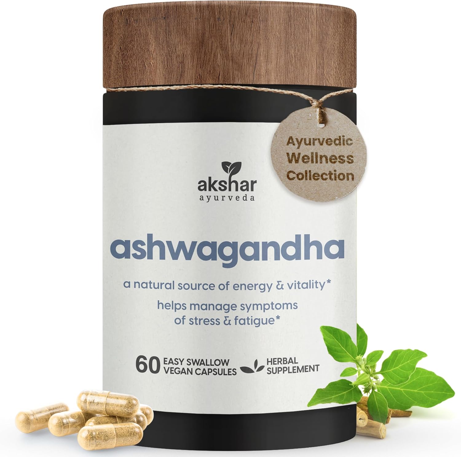 AKSHAR Ayurveda Adaptogenic Ashwagandha Capsules - Vegan Ashwagandha Supplements with Root Extract and Powder - Herbal Support (60 Count)