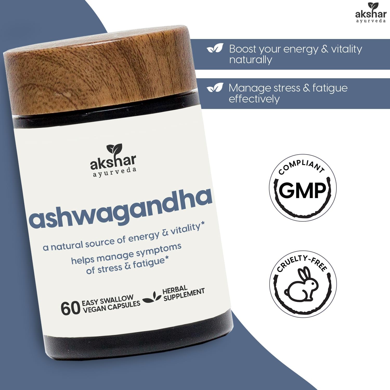 AKSHAR Ayurveda Adaptogenic Ashwagandha Capsules - Vegan Ashwagandha Supplements with Root Extract and Powder - Herbal Support (60 Count)