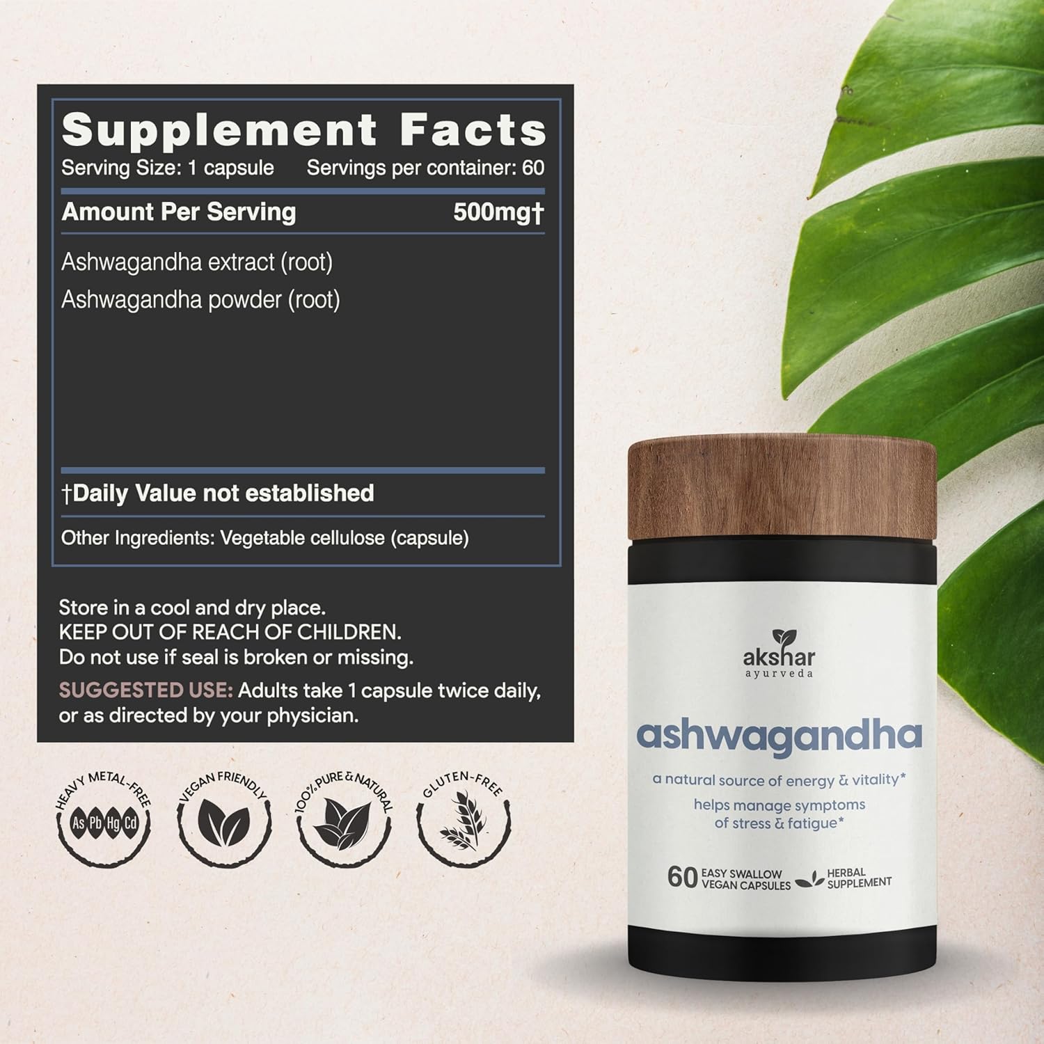 AKSHAR Ayurveda Adaptogenic Ashwagandha Capsules - Vegan Ashwagandha Supplements with Root Extract and Powder - Herbal Support (60 Count)