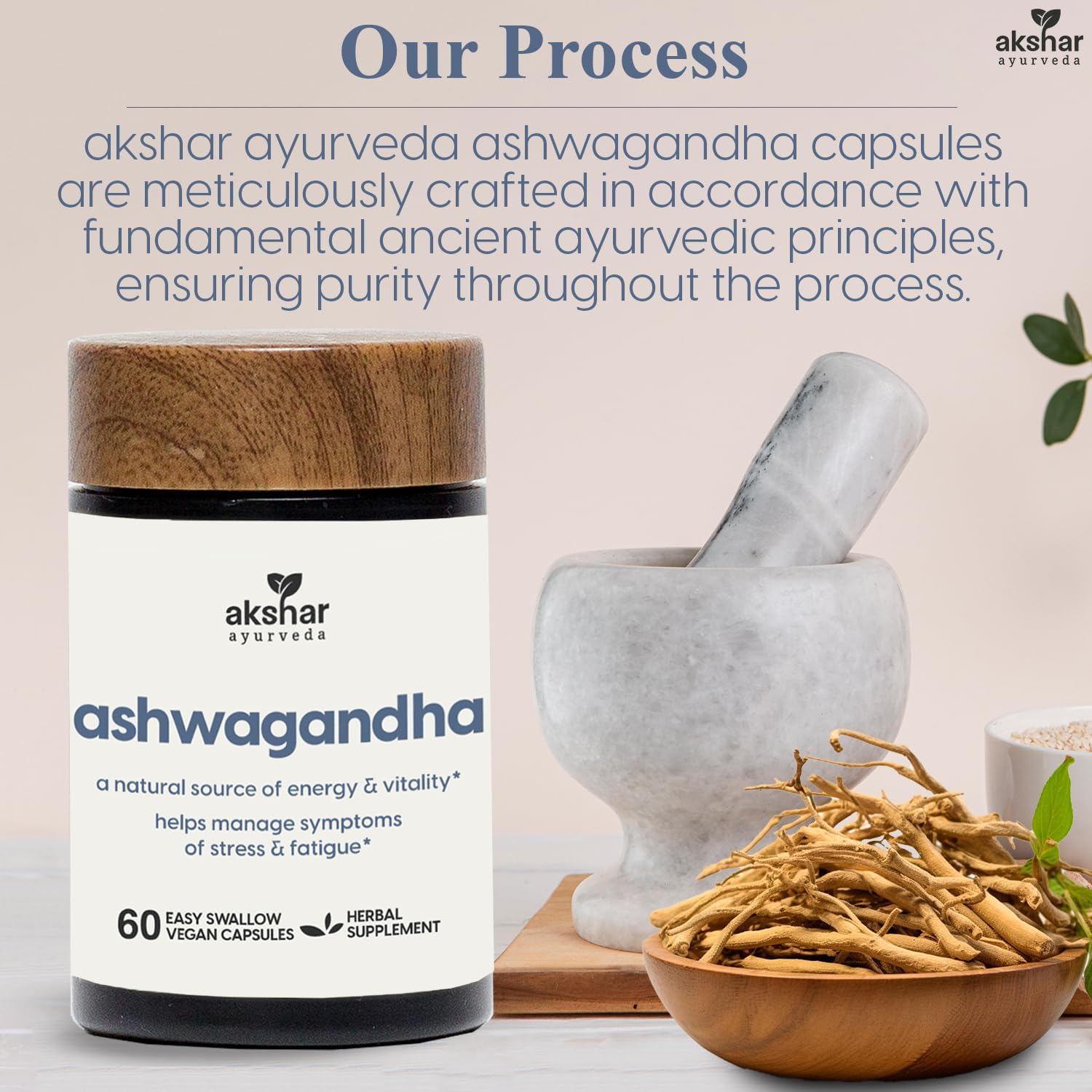 AKSHAR Ayurveda Adaptogenic Ashwagandha Capsules - Vegan Ashwagandha Supplements with Root Extract and Powder - Herbal Support (60 Count)