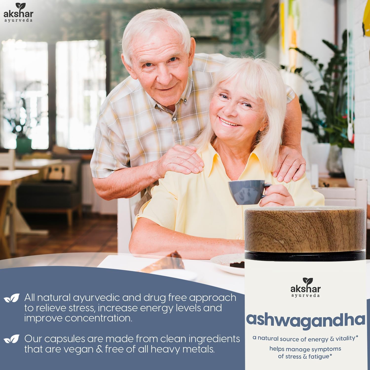 AKSHAR Ayurveda Adaptogenic Ashwagandha Capsules - Vegan Ashwagandha Supplements with Root Extract and Powder - Herbal Support (60 Count)