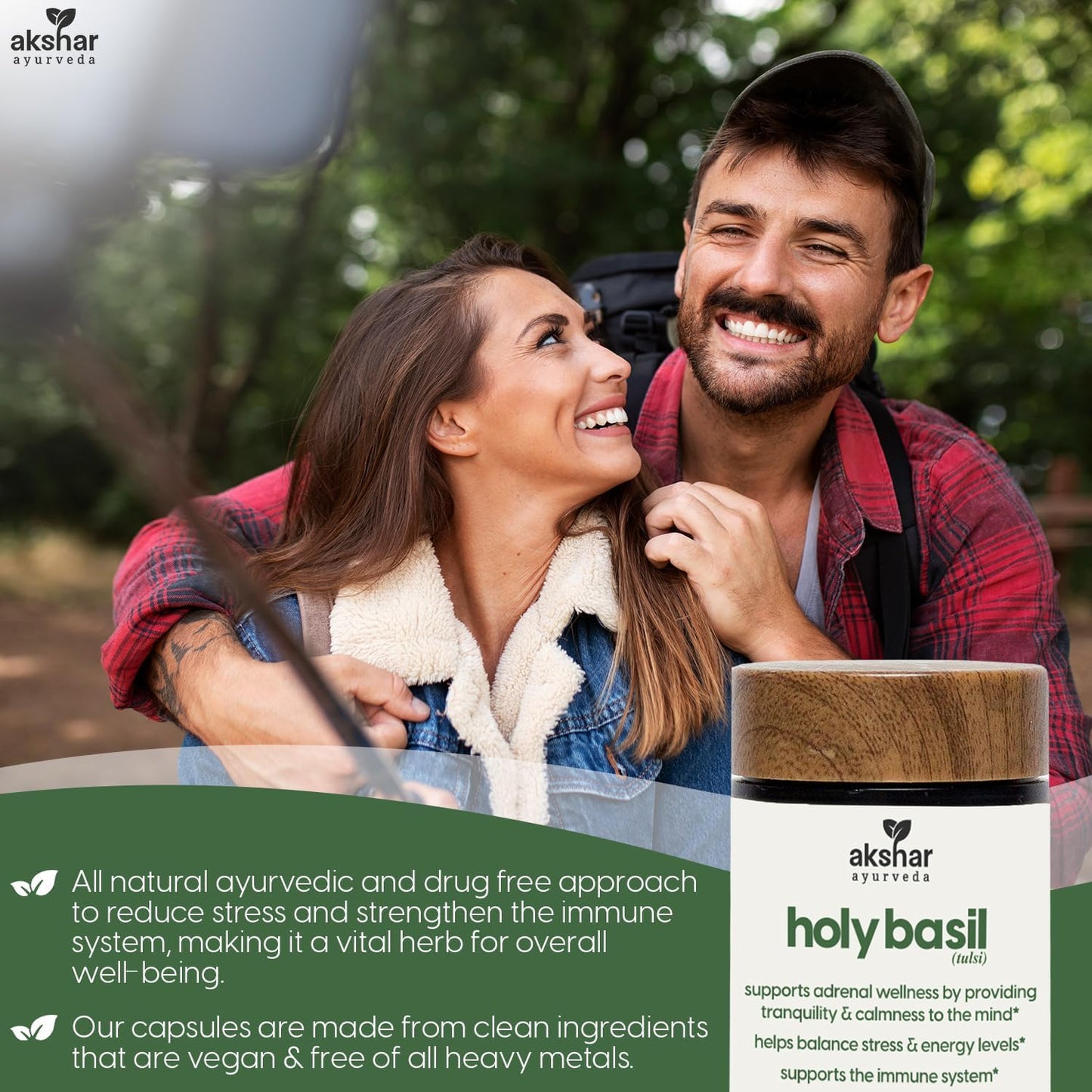 AKSHAR Ayurveda Holy Basil Capsules - 60 Count Vegan Supplement with Tulsi Leaf Extract & Powder for Health