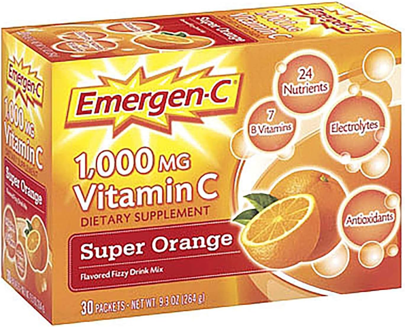 Alacer Emergen-C Super Orange Fizzy Drink Mix - 1000mg Vitamin C - 30 Count Pack