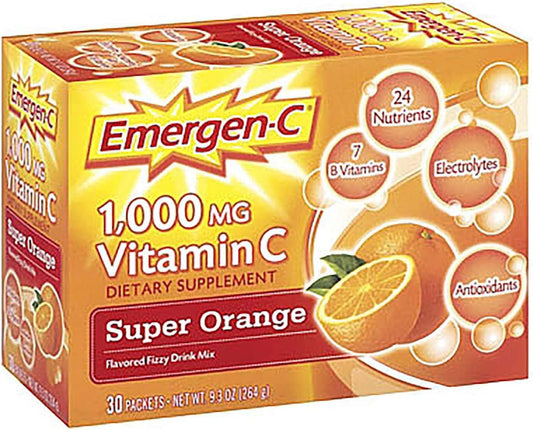 Alacer Emergen-C Super Orange Fizzy Drink Mix - 1000mg Vitamin C - 30 Count Pack