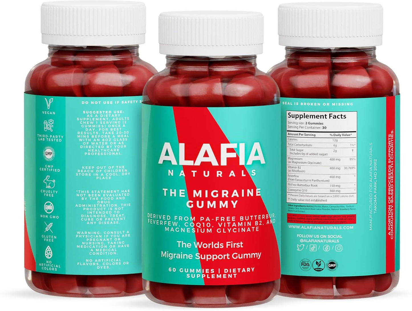 Alafia Naturals Migraine Relief Gummy - Magnesium Glycinate, Butterbur, Feverfew, CoQ10, Vitamin B2 - 60ct