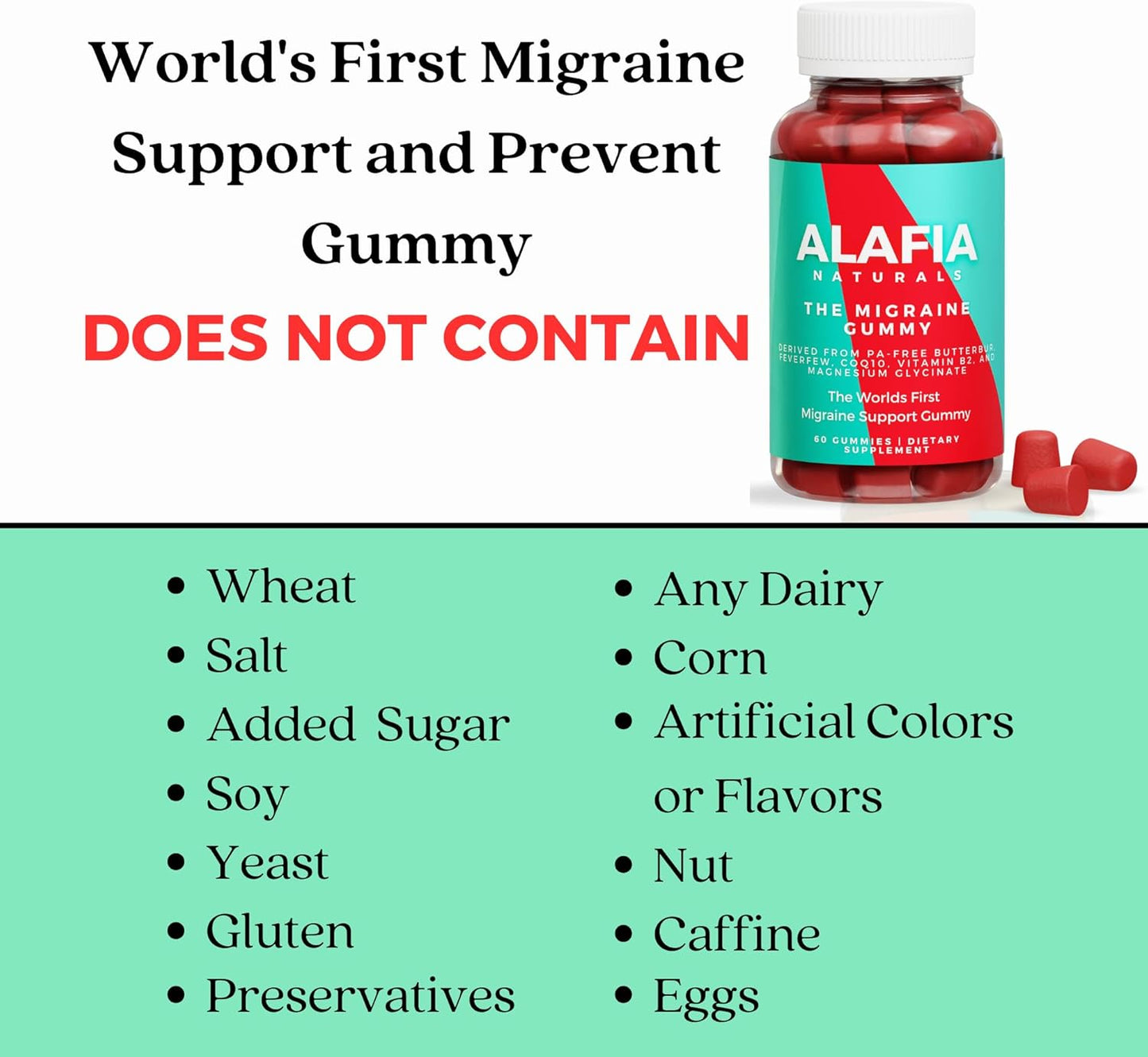 Alafia Naturals Migraine Relief Gummy - Magnesium Glycinate, Butterbur, Feverfew, CoQ10, Vitamin B2 - 60ct
