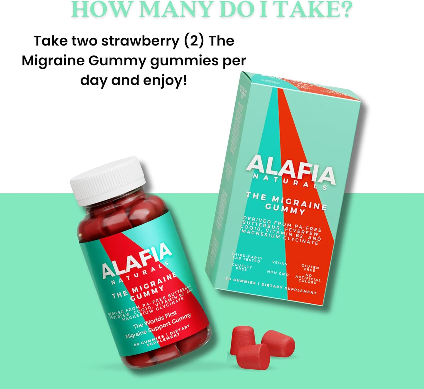 Alafia Naturals Migraine Relief Gummy - Magnesium Glycinate, Butterbur, Feverfew, CoQ10, Vitamin B2 - 60ct