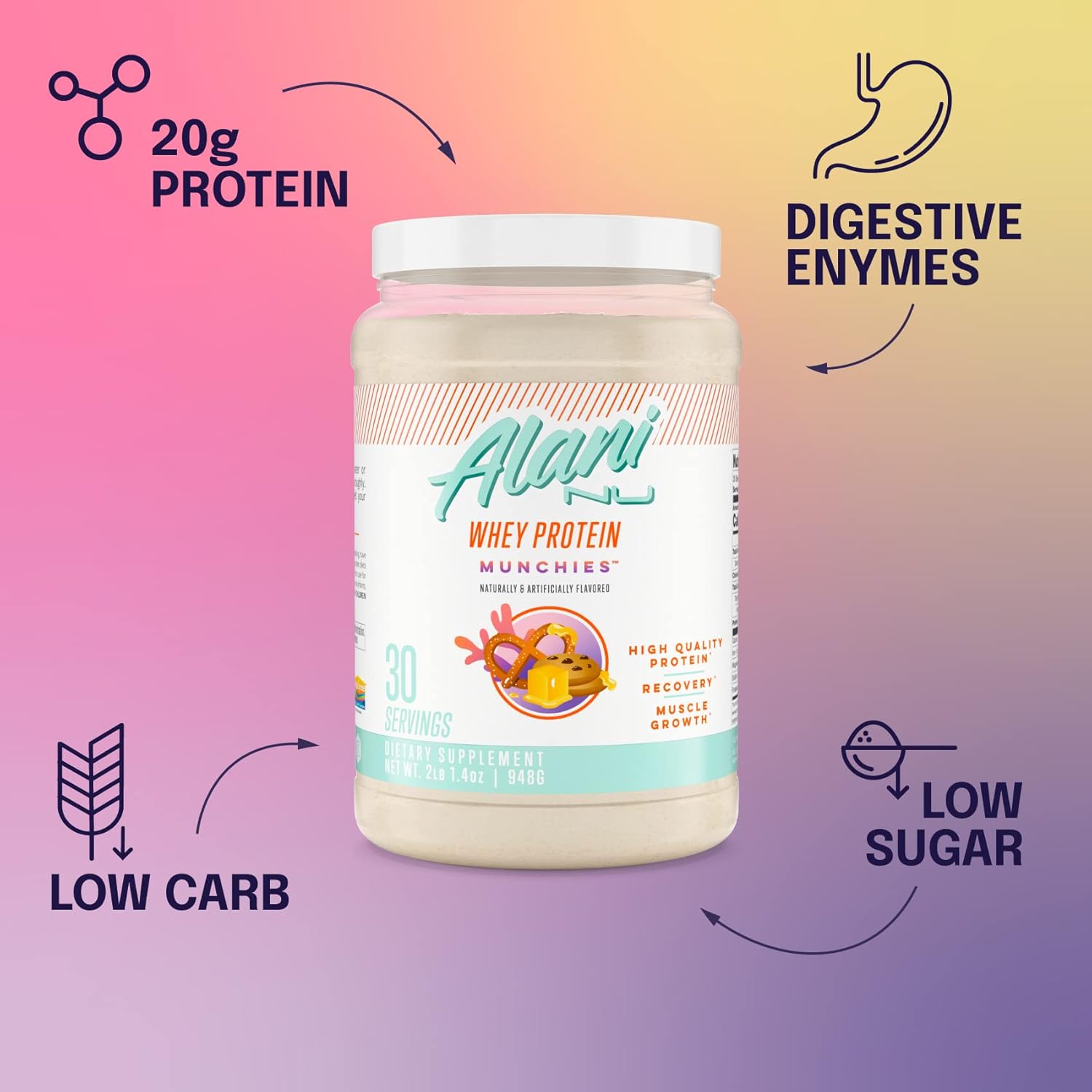 Alani Nu Whey Protein Powder Munchies | 23g Protein with Digestive Enzymes | Meal Replacement Powder | Low Fat Low Carb Blend | 30 Servings