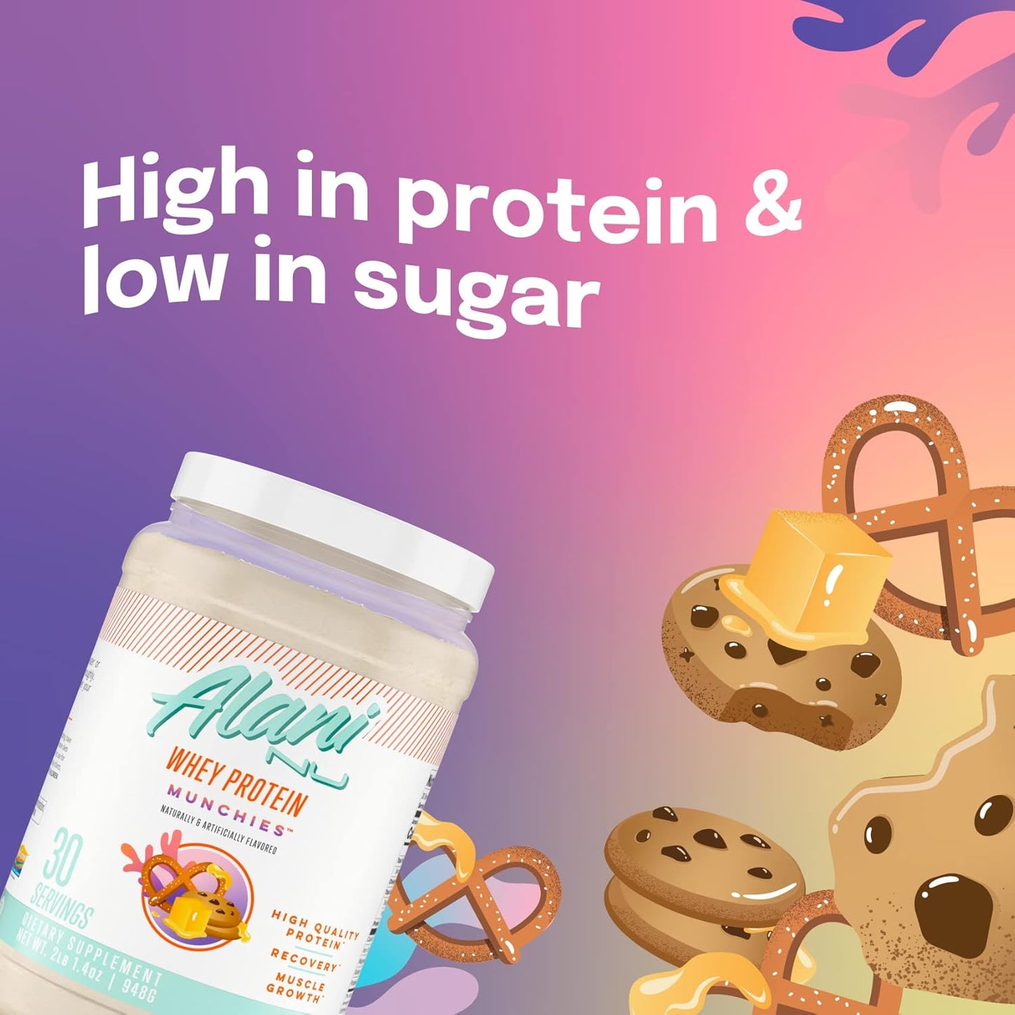 Alani Nu Whey Protein Powder Munchies | 23g Protein with Digestive Enzymes | Meal Replacement Powder | Low Fat Low Carb Blend | 30 Servings