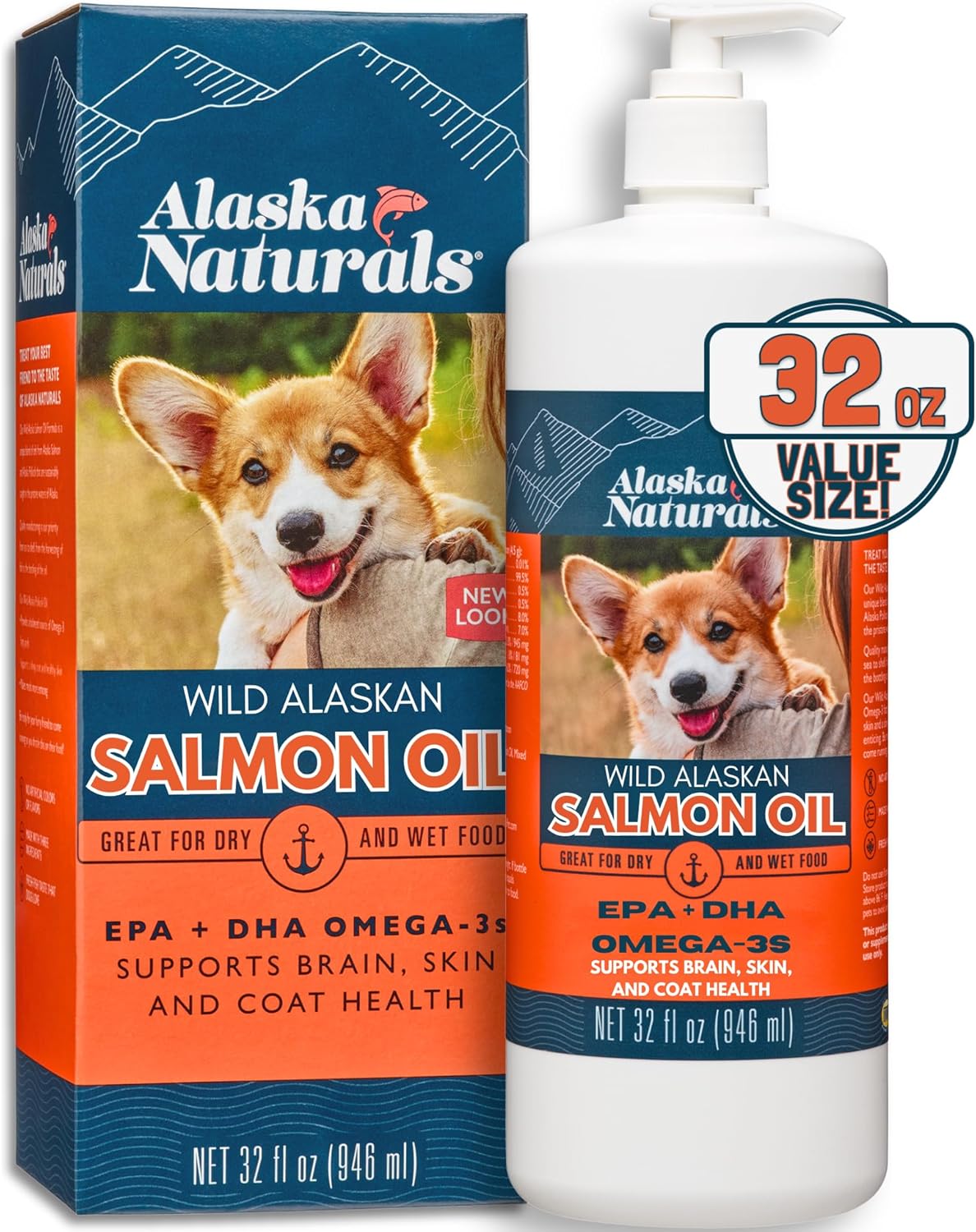 Alaska Naturals Wild Alaskan Salmon Fish Oil Liquid Food Topper 32 oz. Pump - Dog Skin & Coat Supplement with EPA DHA Omega 3 Fatty Acids