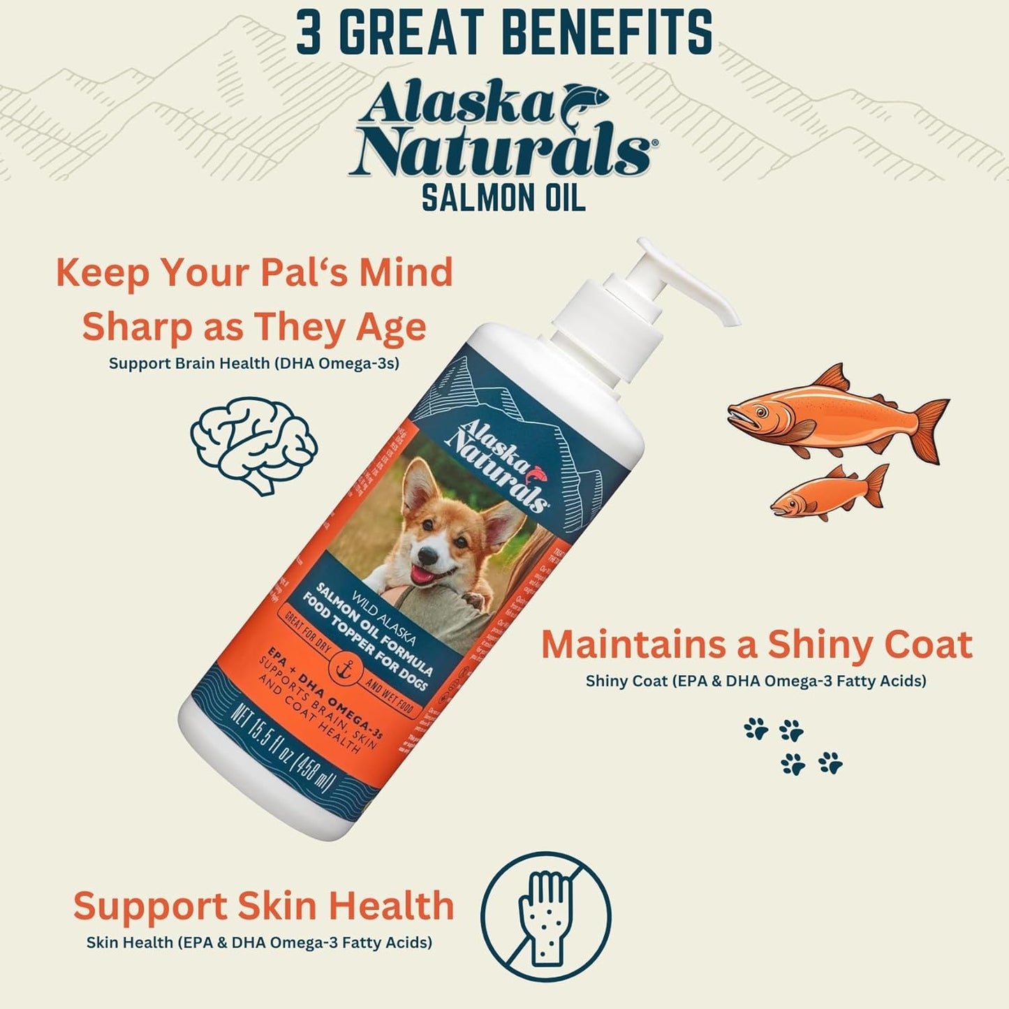 Alaska Naturals Wild Alaskan Salmon Fish Oil Liquid Food Topper 32 oz. Pump - Dog Skin & Coat Supplement with EPA DHA Omega 3 Fatty Acids