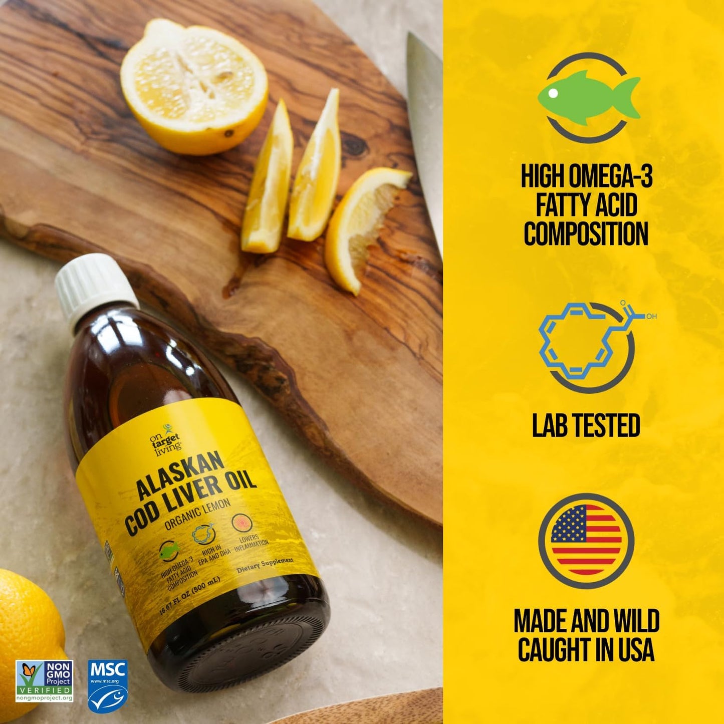 Alaskan Cod Liver Oil Lemon Flavor 16.67 oz (2-Pack) | USA Line Caught | High Omega 3 DHA/EPA | Vitamin D | Non-GMO (Organic)