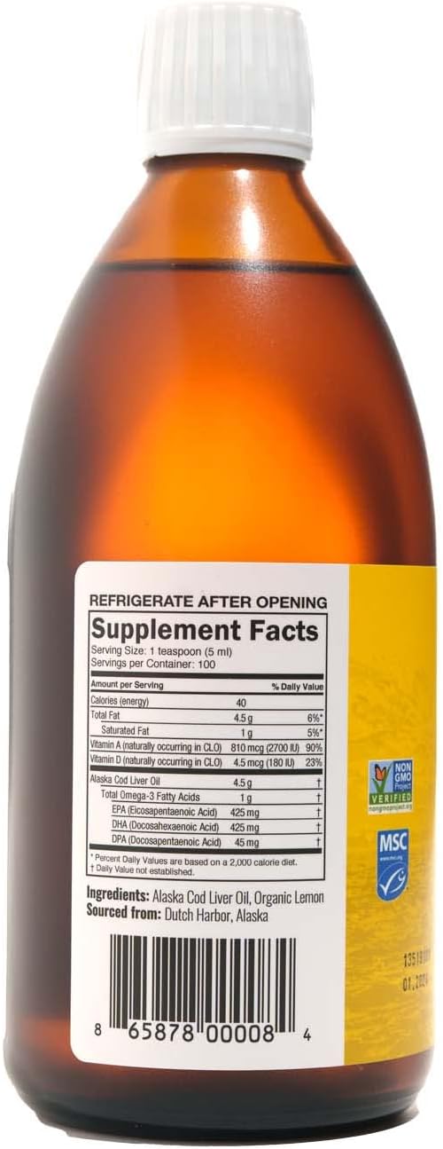 Alaskan Cod Liver Oil Lemon Flavor 16.67 oz (2-Pack) | USA Line Caught | High Omega 3 DHA/EPA | Vitamin D | Non-GMO (Organic)