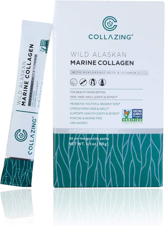 Alaskan Wild-Caught Marine Collagen Peptides with Hyaluronic Acid and Vitamin C - Skin, Hair, Nails, Joints, Bones, Eyes - Unflavored - 156g