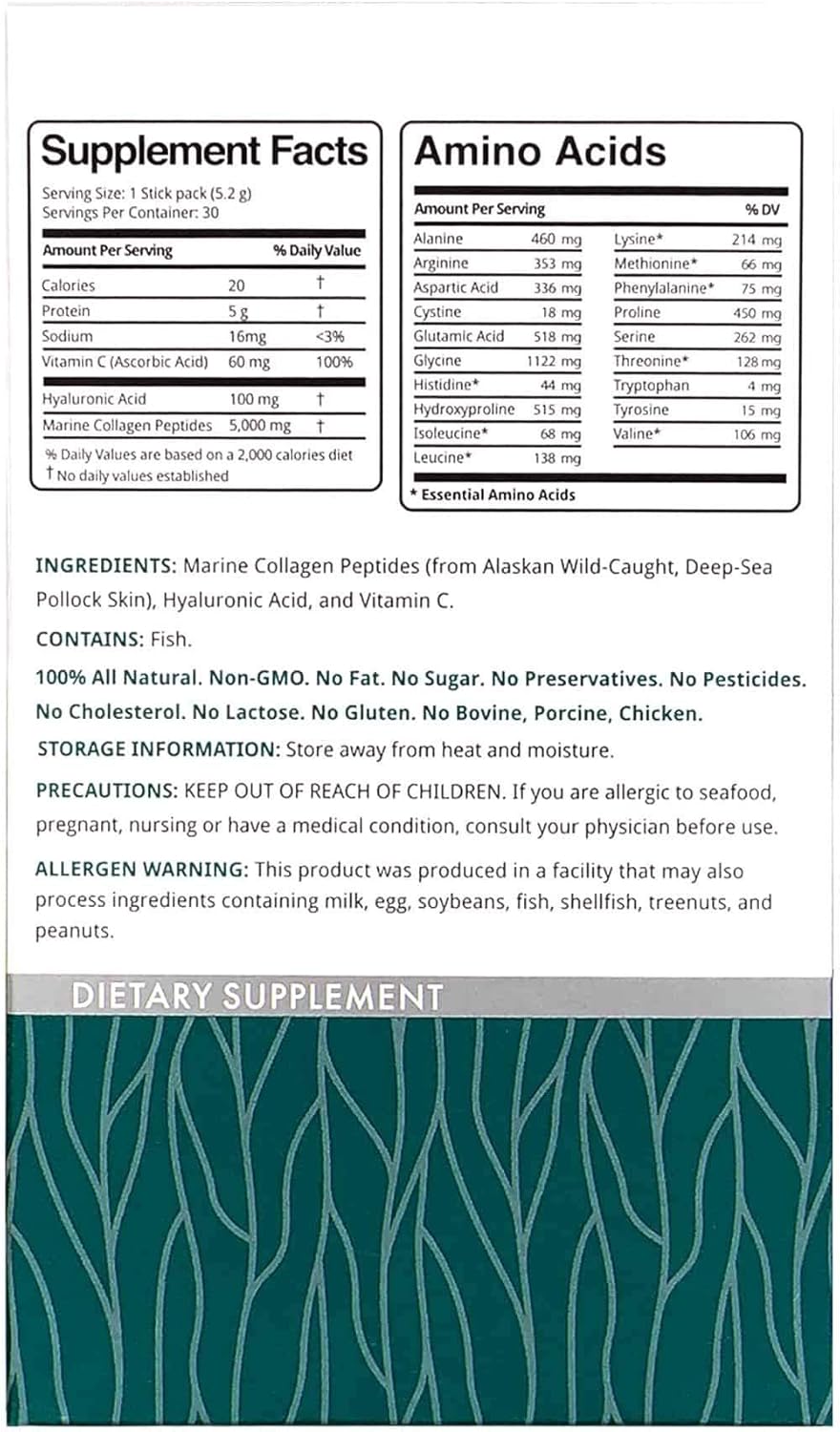 Alaskan Wild-Caught Marine Collagen Peptides with Hyaluronic Acid and Vitamin C - Skin, Hair, Nails, Joints, Bones, Eyes - Unflavored - 156g