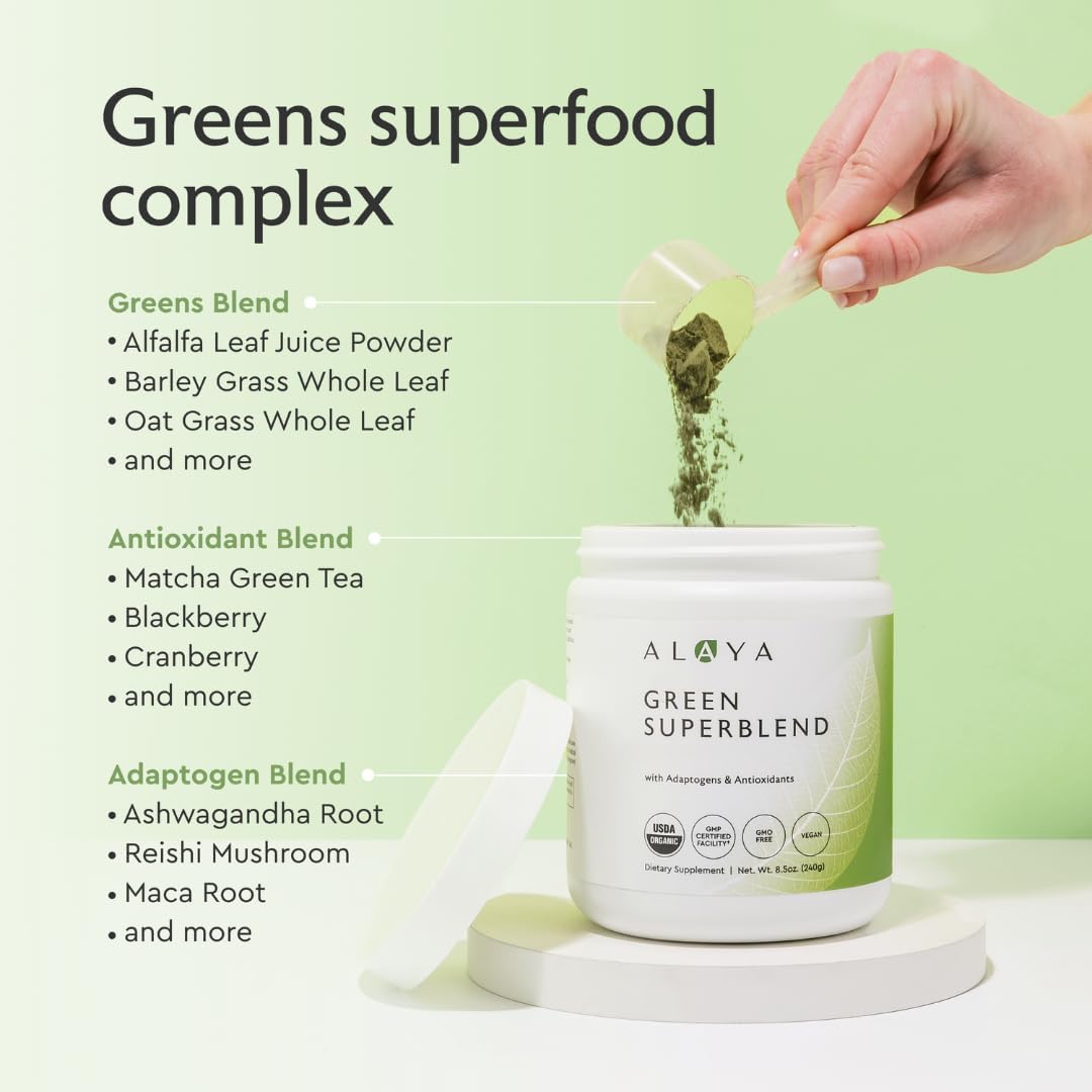 Alaya Naturals Organic Super Greens Powder - Premium Green Juice Superfood with Adaptogens, Antioxidants, Probiotics - USDA Organic, Non-GMO, Vegan - 30 Servings